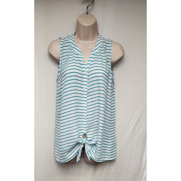 Maurices Striped Sleeveless Sheer White/Blue Tunic Blouse Size Small - Picture 2 of 7